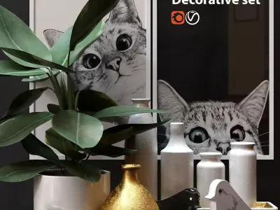 Decorative set with cat and plant 3D model