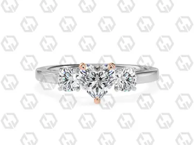 Ring 114 Heart Shape Cathedral shank 3 stone ring with round 3D print model