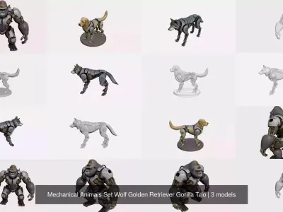 Mechanical Animals Set Wolf Golden Retriever Gorilla Trio 3D Model Pack