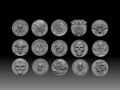 collection of 3D digital sculpts of thematic coins 3D print model