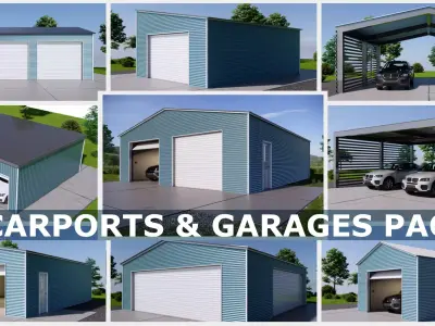 Metal Carports and Garages Collection-9 Modular Steel Shelters 3D Model Pack