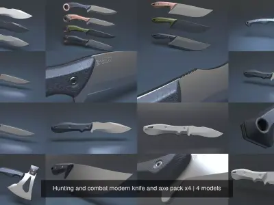 Hunting and combat modern knife and axe pack x4 3D Model Collection