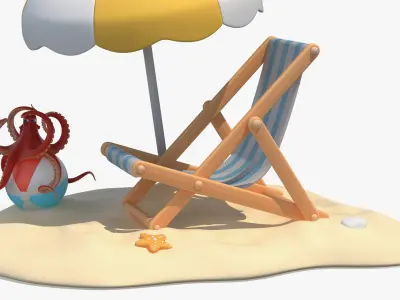  Cartoon Beach Set with Umbrella Chair and Octopus under Sun 