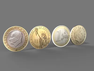 4 country coins Low-poly 3D model