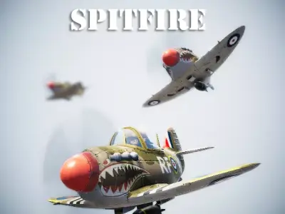 Low poly Spitfire PBR fighter planes flying in sky Low-poly 3D model