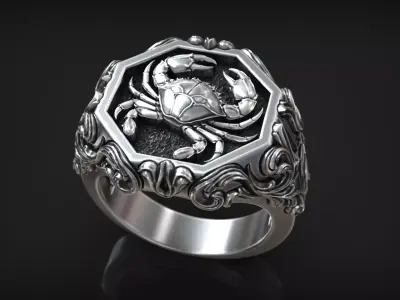 Horoscope Cancer Zodiac Sign Ring Antique Relief Signet 3D print model