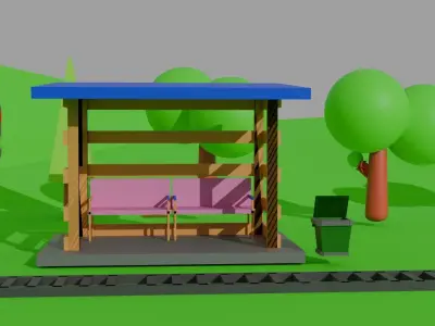  Low Poly Train Model AND TRESS BUS STOP TRAFIC LIGHT DUST BIN Low-poly 3D model