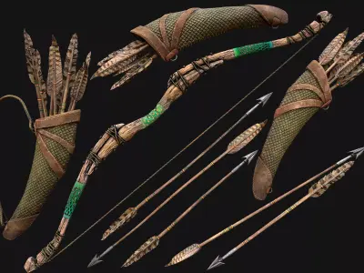 Wooden Bow and Quiver Ranger Set Medieval  Low-poly 3D model