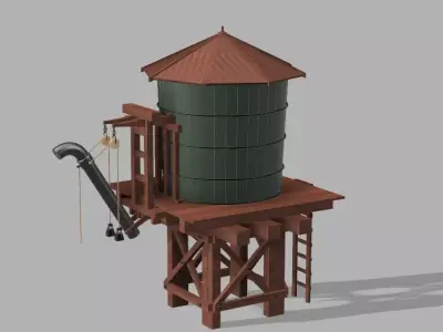 Wooden water tower with train attachment 3D print model