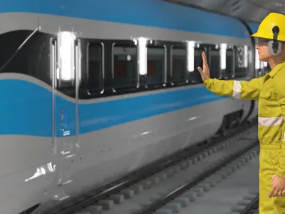 Railway Tunnel Section with Train and Worker 3D model