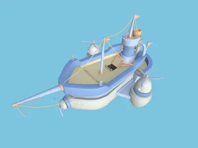 Cartoon Airship 01 - White Blue - Low Poly Ship Low-poly 3D model
