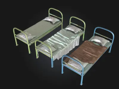Three Metal Beds  Industrial Sleeping Setup 3D model