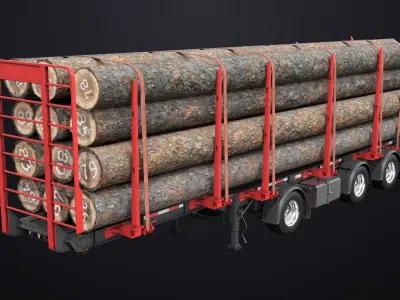 Logging Trailer 01 Red with Load Single Mat All PBR Textures 3D model