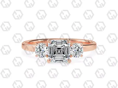 Ring 101 Asscher Shape 3 stone ring with round 3D print model
