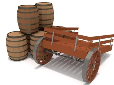 Rigged Wagon with Barrels Low-poly 3D model