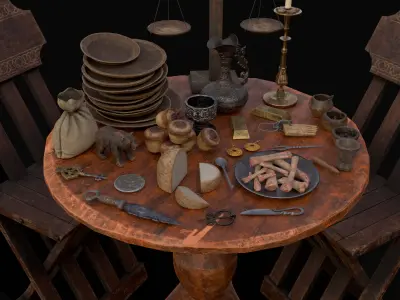 Small Round Cluttered Table Low-poly 3D model