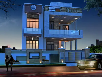 Modern House exterior night view Free 3D model