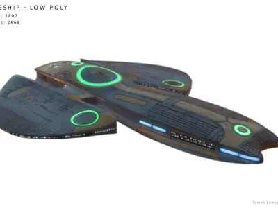 Spaceship - Low Poly with lights Low-poly 3D model