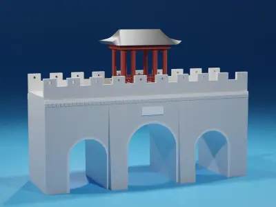 Chinese Stone Bridge Gate and Pavilion Low-poly 3D model