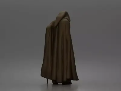Wandering sage leans on staff wearing hooded cloak and robe 3D print model