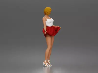 Cheerful girl twirling skirt playfully posing in strappy heels 3D print model