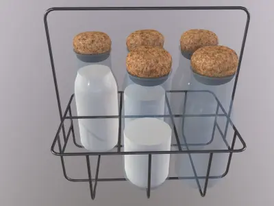 Vintage Dairy Delights Milk Bottles in a Metal Basket Low-poly 3D model