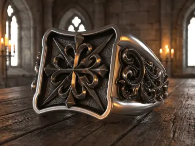 Medieval Cross Emblem Gothic Royal Lily Ornamental Ring 3D print model
