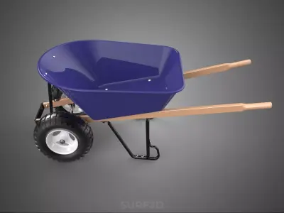 PURPLE BLUE BUCKET TRAY CART WOOD HANDLES TWO WHEEL WHEELBARROW 3D model