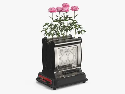 Vintage Toaster Planter with Pink Flowers 3D model