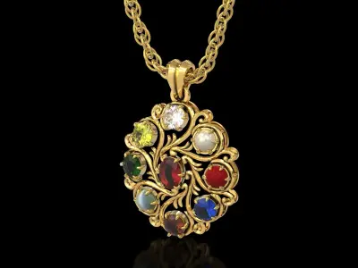 Navratna Oval Antique Filigree Pendant 3D print model