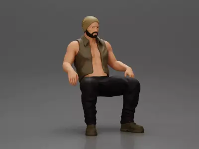 Muscular Bearded Man in Beanie Vest Pants Sitting Casually 3D print model