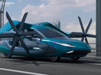  Concept Flying Car in Turquoise Color with Propellers 