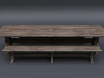 Medieval Table with Bench Low-poly 3D model