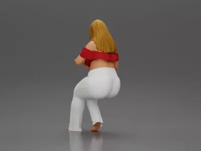 Blonde woman in red top white pants sitting applies hand cream 3D print model