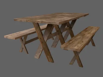Medieval Style Table and Benches Low-poly 3D model