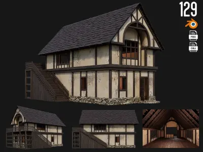 4 Old Medieval Houses Pack 4K Textures GameReady 129 to 132 Low-poly 3D model