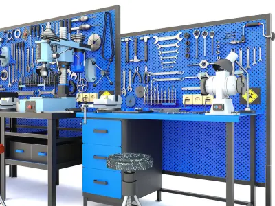 Industrial workbench garage tools and TV4 lathe drilling machine 3D model