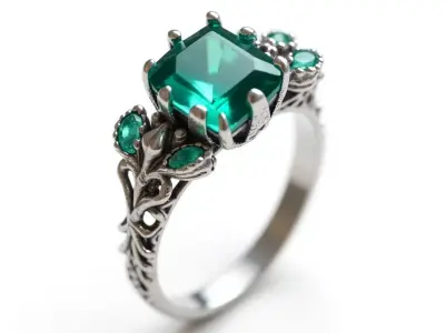 Vintage Floral Emerald Ring with Leaf Details - 3D Jewelry Model Low-poly 3D model