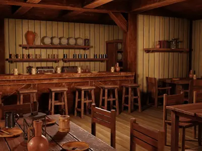 Medieval Inn with Interior Low-poly 3D model