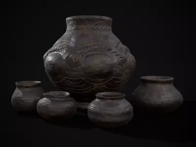 Sculpted Five Pottery Set Low-poly 3D model