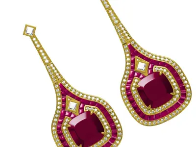 Antique Pink Sapphire stone and Round Diamond Art Deco Earring 3D print model