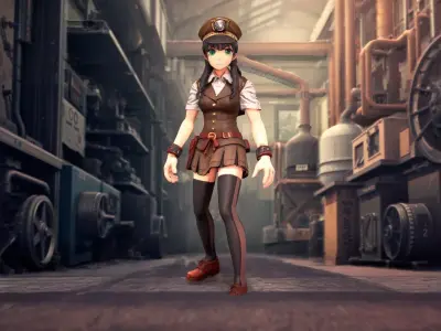 Steampunk Anime Engineer in Brown Uniform Low-poly 3D model