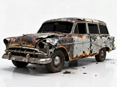 Realistic Wrecked 1950s Station Wagon 3D Model Low-poly 3D model