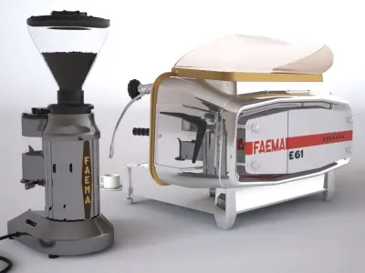 Faema e61 espresso machine and  FP Grinder with a coffee cup 3D model