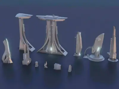 Low Poly Sci-Fi kitbash mini set Low-poly 3D model