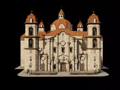 Colonial Church Twin Bell Towers Dome Orange Roof Baroque Low-poly 3D model