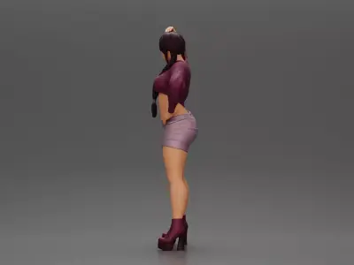 Woman in outfit striking a playful pose with braids and heels 3D print model