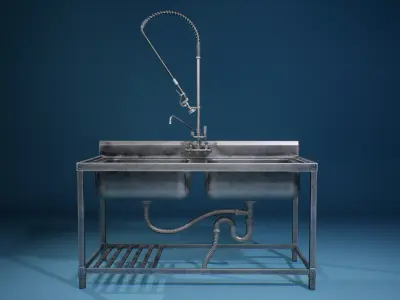 Game-ready PBR Commercial Steel Kitchen Sink Low-poly 3D model