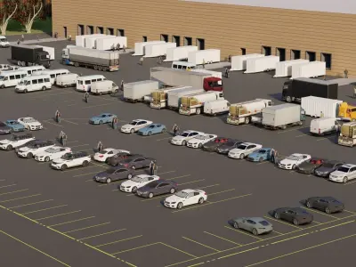 WAREHOUSE MODEL with trucks parked in parking lot 3D model