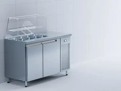 Industrial Stainless Steel Worktop Fridge With Salads 3D model